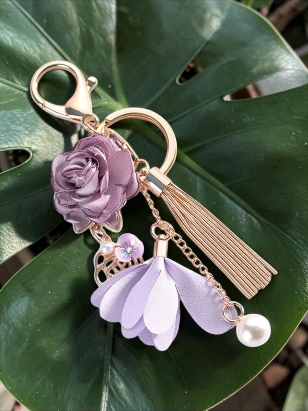 NWT Rose Flower Tassel Keychain & Purse Charm Purple/Gold - Picture 3 of 5